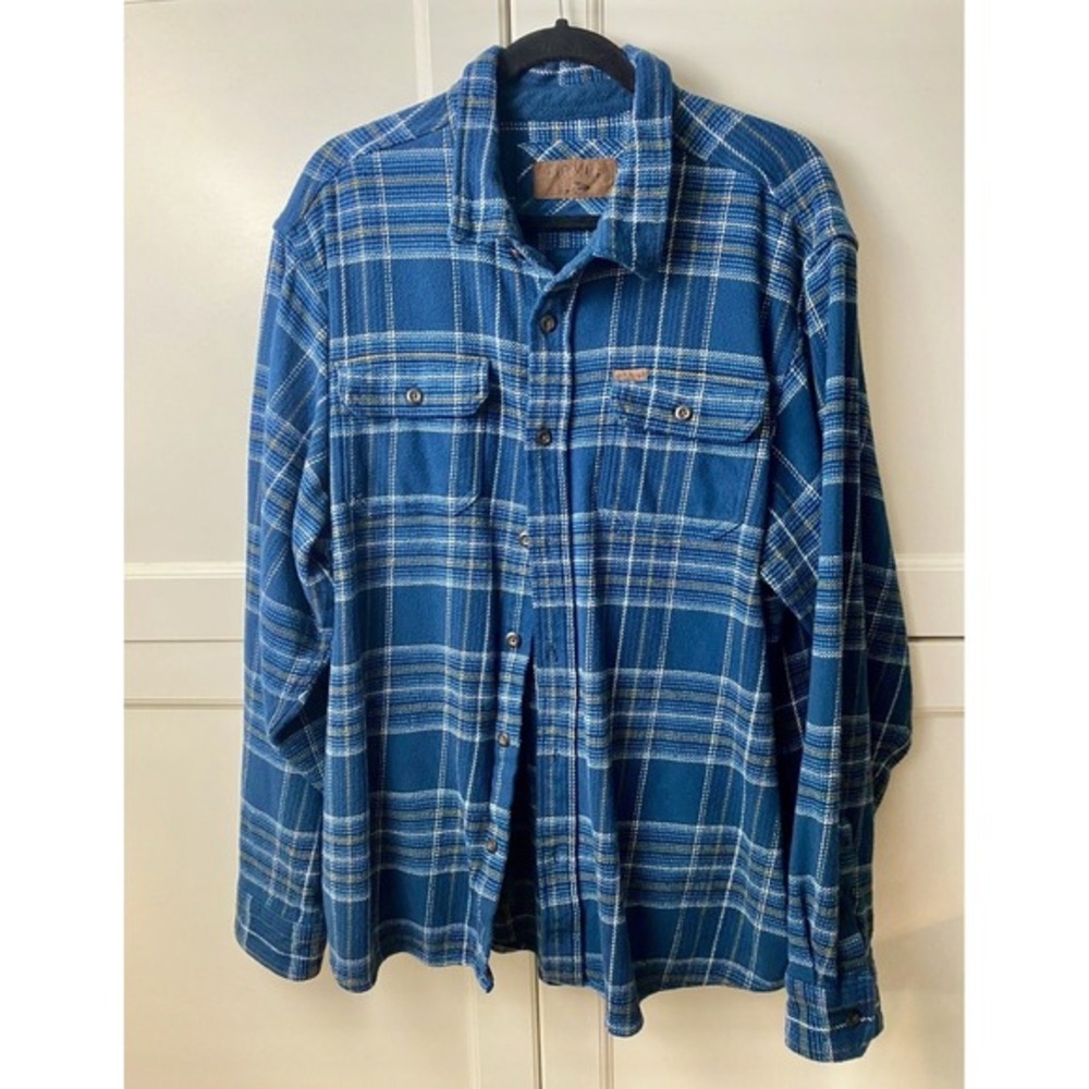 Orvis Mens XXL Flannel Long‎ Shirt Blue & Black Plaid Heavyweight Sz W/ Pockets